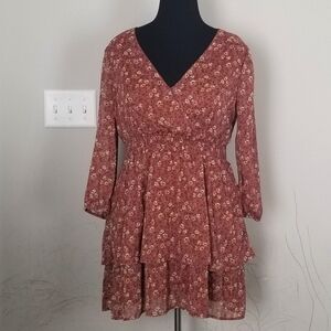 Mimi Chica Floral Long Sleeve Ruffle Dress - Rust Size Large